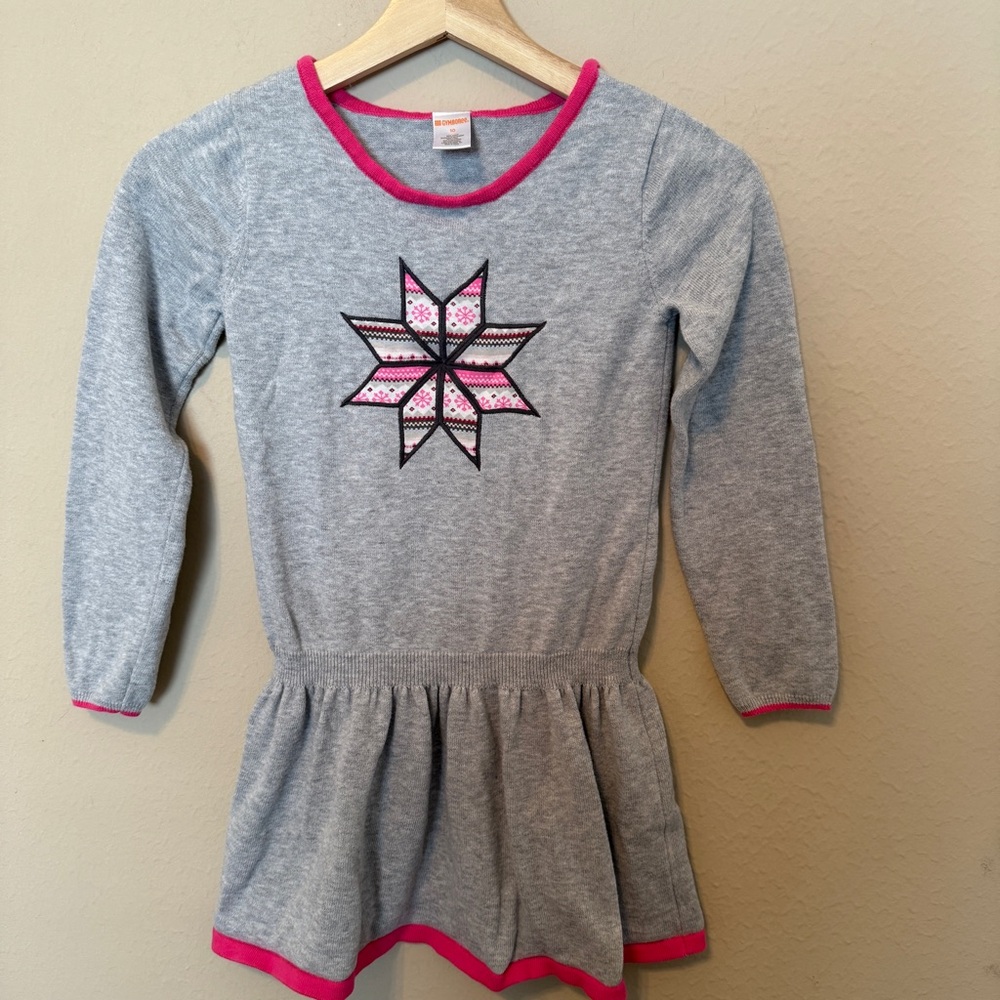 Girls Size 10 Gymboree Gray Knit Dress With Star Embroidery Pink Edge Christmas